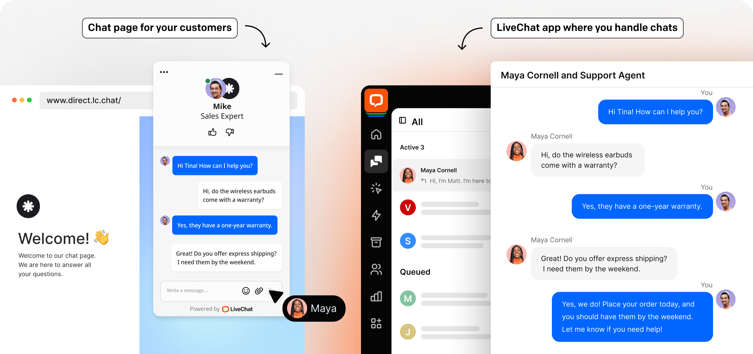 chat page for customers and LiveChat app where you handle chats